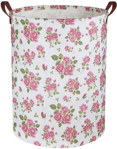 Image of HIYAGON Roses Pink Laundry Basket Baby Girls Laundry Hamper Kids Toy Storage Bins Organizer Gift Basket Pink Rose Bedroom Decor Bathroom(Pink Rose)