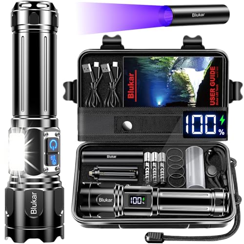 Blukar Linterna LED Recargable, Doble Temperatura de Color Superbrillante Linternas Mano con luz COB lateral, 7 Modos, IP67 Impermeable Enfoque Ajustable Linterna para Camping y Cortes de Luz