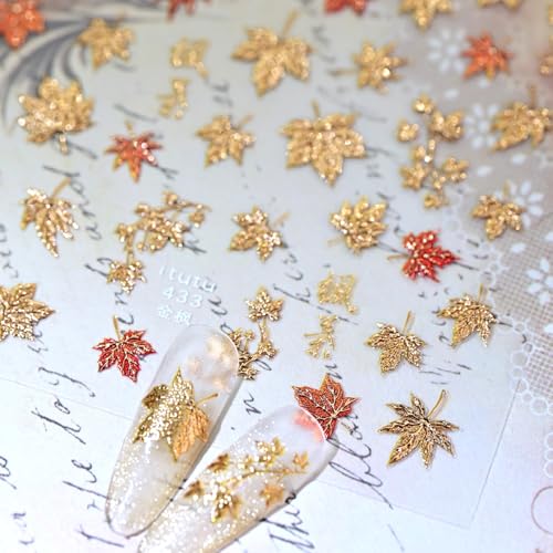 Fall Gold Maple Leaves Nail Stickers 5D Embossed with Maple Leaves Design Nail Art Stickers Decals Autumn Nail Stickers for Nail Art Self-Adhesive Manicure Decorations for Women Nails Supplies