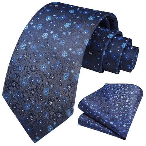 Image of HISDERN Men Floral Ties Woven Classic 3.4 inch Necktie Set Formal Tie Pocket Square for Wedding with Handkerchief Gift Box