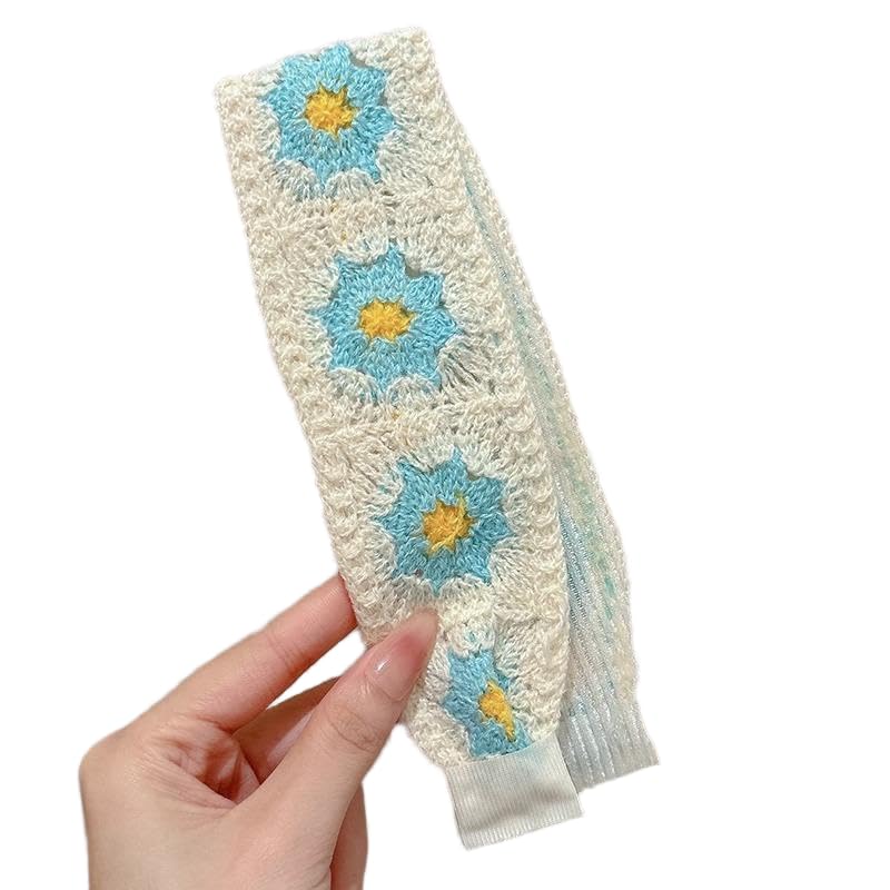 FACELESS Floral Knit Headband, Vintage Style Hair Bandana with Adjustable Closure, Green with Daisy Pattern (blue flower)