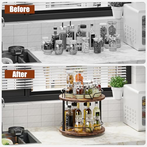 KLM 12" Wood Lazy Susan, Rotating Spice Rack, 2 Tier Spice Turntable Organizer, Industrial Turntable Spice Holder, for Kitchen Countertop and Cabinet, Compact and Versatile, Rustic Brown - Image 5