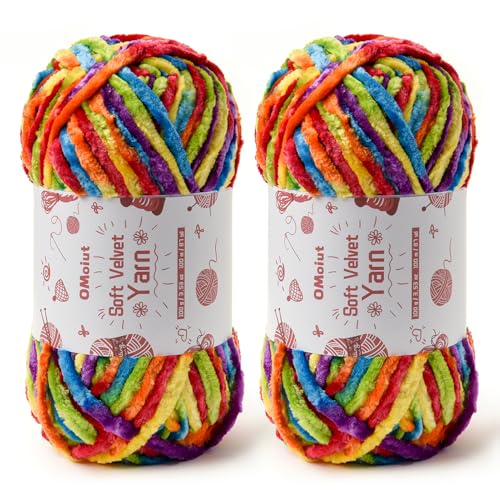 Image of 2x100g Fluffy Velvet Chenille Yarn for Crocheting and Knitting, 80m (87.5yd) Baby Yarn for Crocheting Soft, Crochet Chunky Yarns Amigurumi Yarns (2 Rainbow 2)