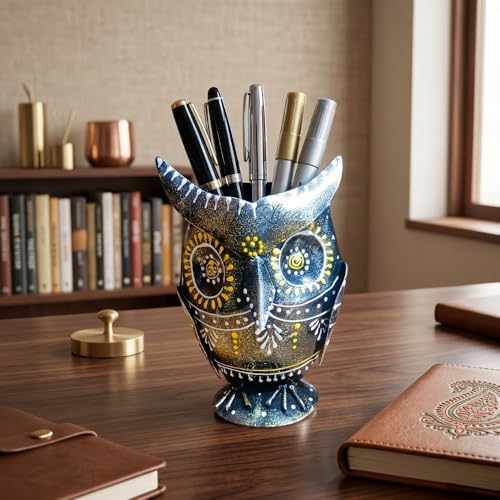 Image of Owl Showpiece Pen Holder Metal Table Decor Item, Antique Finish Bird Figurine for Corporate Bulk Gifting, Desk Organizer & Study Room Decoration (10x5x17 CM)