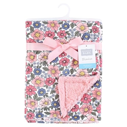 Image of Hudson Baby Unisex Baby Plush Blanket with Furry Binding and Back, Pink Blue Pretty Floral, One Size
