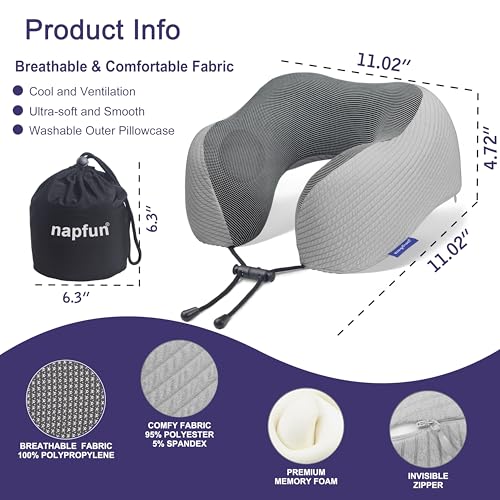 Image of napfun Neck Pillow for Traveling, Upgraded Travel Neck Pillow for Airplane 100% Pure Memory Foam Travel Pillow for Flight Headrest Sleep, Portable Plane Accessories, Mist Gray
