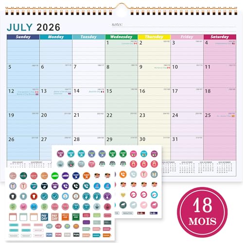 Benjia Calendrier Familial de Juillet 2026 à Décembre 2027, A4 calendar mural muraux mensuel de...