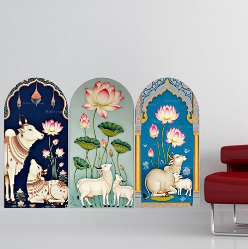Image of Ridit Creation Sacred Cow & Lotus Flower Wall Poster Set of 3 | Traditional Indian Spiritual Wall Art with Temple Arch Design | Decorative Religious Posters for Living Room, Bedroom, Pooja Room