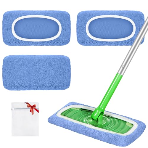 Reusable Mop Pads Compatible with Swiffer Sweeper Mop, Microfiber Dry Sweeping Cloths & Machine Washable Wet Pads Refill for Use on All Sealed Floors - Stone, Hardwood, Laminate & Tile (3 Blue)