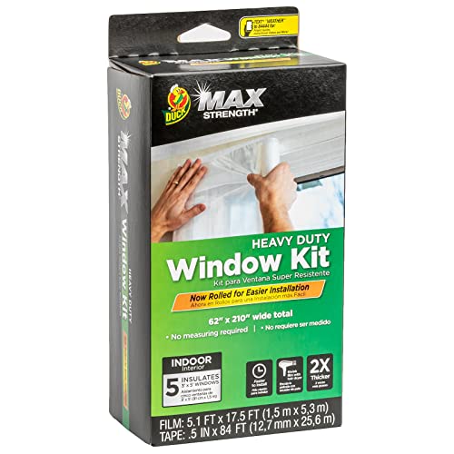 Image of Duck MAX Strength Window Insulation Kit, Winter Window Seal Kit Fits up to 5 Windows, Heavy Duty Shrink Film Cuts to Size for Easy Indoor Installation, Window Tape Included,62 in. x 210 in., Clear