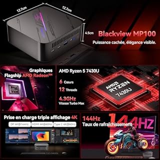 Blackview MP100 Mini PC avec AMD Ryzen 5 7430U, Silencieux NUC Mini Ordinateur de Bureau Win 11 Pro, 4K Triple Affichage 144Hz, 512Go SSD 16 Go RAM, WiFi 6/BT 5.2, PC pour Bureau/Maison/Étude