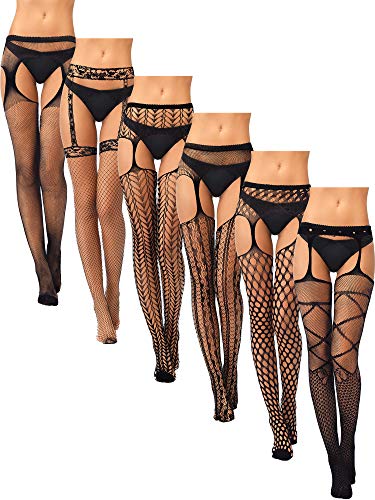 6 Pairs Women Suspender Pantyhose Stocking Fishnet Tight Stretchy High Stocking (Black, Medium, m)