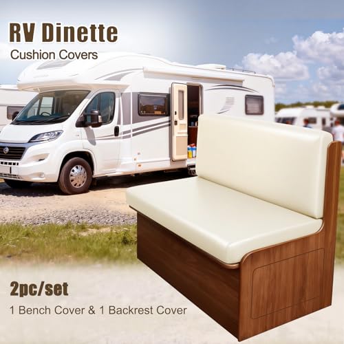 Image of SearchI PU Leather RV Dinette Cushion Covers, Stretch Camper Cushion Slipcovers for Travel Trailer Couch RV Booth Seat, Replacement Camper Sofa Chair Protector(1 Backrest Cover & 1 Bench Cover, Cream)