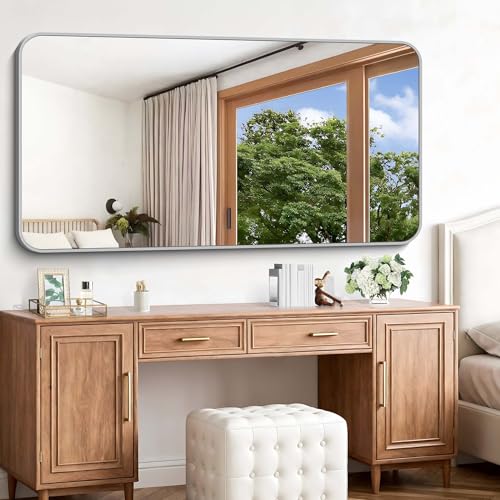 Image of Silver Bathroom Mirror, 72 x 36 Inch Large Rectangle Mirror, Rectangular Vanity Mirror Aluminum Metal Frame, Rounded Corner Wall Mirror for Living Room Bedroom Entryway Horizontal /Vertical