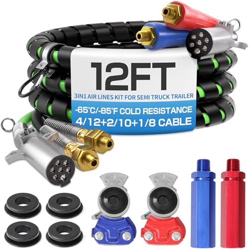 Air Line Relocation - Fontaine-Modified 2020-2023 Elgin Crosswind 1 & Elgin Whirlwind 1 Sweepers 5 Deluwire 12FT 3 in 1 Semi Truck Air Line Kit with Glad Hands, Handles and Seals, Air Hoses Wrap 7 Way Trailer Cord Power Air Line, Trailer Cord and Air Hoses Assembly for Semi Trucks Trailer Tractor