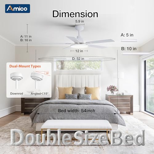 Image of Amico Ceiling Fans with Lights, 52 inch Smart Ceiling Fan with Remote /APP /Alexa Control, Downrod Mount, Reversible DC Motor, 5 Blades, 6 Speeds, 3CCT, Dimmable, Noiseless, Bedroom, Living Room, White