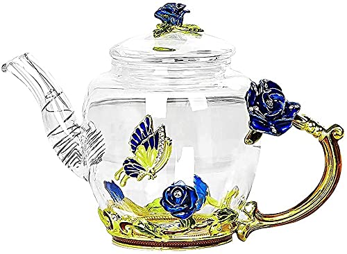 Iamagie Glass Teapot - 280 ml - France Enamel Rose Flower Butterfly Decoration Heat Resistant Glass Teapot Kettle with Strainer for Blooming Tea Loose Leaf Tea (Blue, Single Teapot)