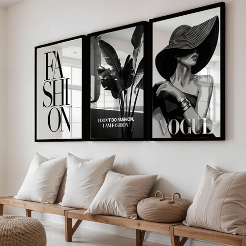 Image of NoWorries Modern Fashion Wall Art Frame Paintings 300 GSM Premium Prints | Vogue Lady Art, Botanical Print & Typography Frames | Stylish Home Decor for Living Room, Office & Bedroom | Synthetic Wooden Finish Wall Art Frames (Set of-3) (BLACK, ART-13, 10X13INCHES)