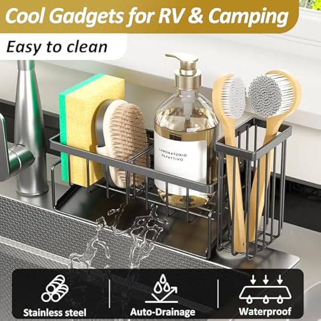 Sponge Holder & Sink Caddy Organizer - Rustproof Kitchen Sink Organizer With High Brush Holder - Home Essentials Countertop Storage for Sponges, Scrubbers (Space Grey)