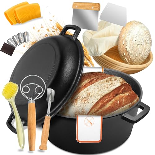 NIUB Dutch Oven for Bread Baking 5 QT Pre-Seasoned Pot with Skillet Lid Includes Sourdough Bread Baking Supplies Cast Iron Pot for Frying Braising BBQ