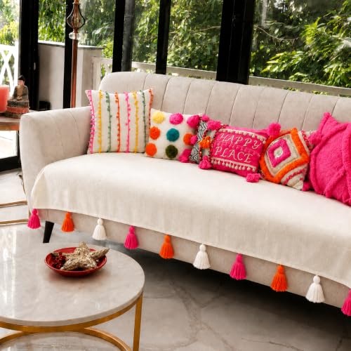 WWW.THROWPILLOW.IN Cream Sofa Cover with Tassels| Designer Two & Single Seater Couch CoverLiving Room Decor: Set of 3 Sofa Seat Covers- 4 Seater Sofa Runner Set (2+1+1 Seater)|Tassel Sofa Throw