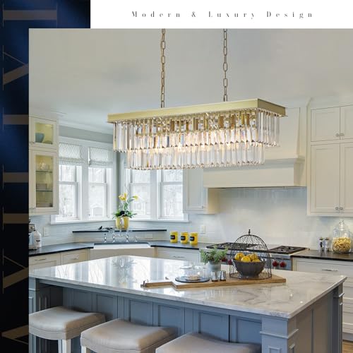 Image of Modern Rectangular Crystal Chandelier Gold Island Rectangle Pendant Light