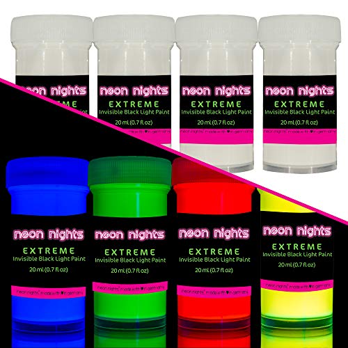 Invisible Blacklight Paint Extreme by neon nights – Set of 4 Invisible UV Paints – Long-Lasting & Bright Neon Colors for Blacklights, UV Lights – Fluorescent Glow Paints