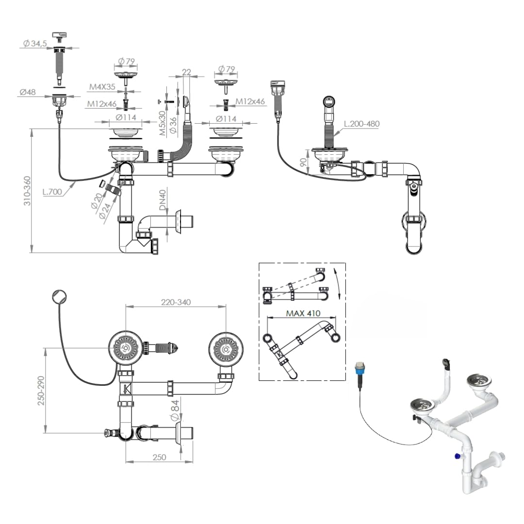 GRANMASTER Sifone da Cucina Lavello automatico salvaspazio a 2 camere con troppopieno - Raccordo di scarico per lavello - Attacco sul fondo: cestello da 1 1/2" valvola eccentrica 3 1/2" - 30x25x35cm