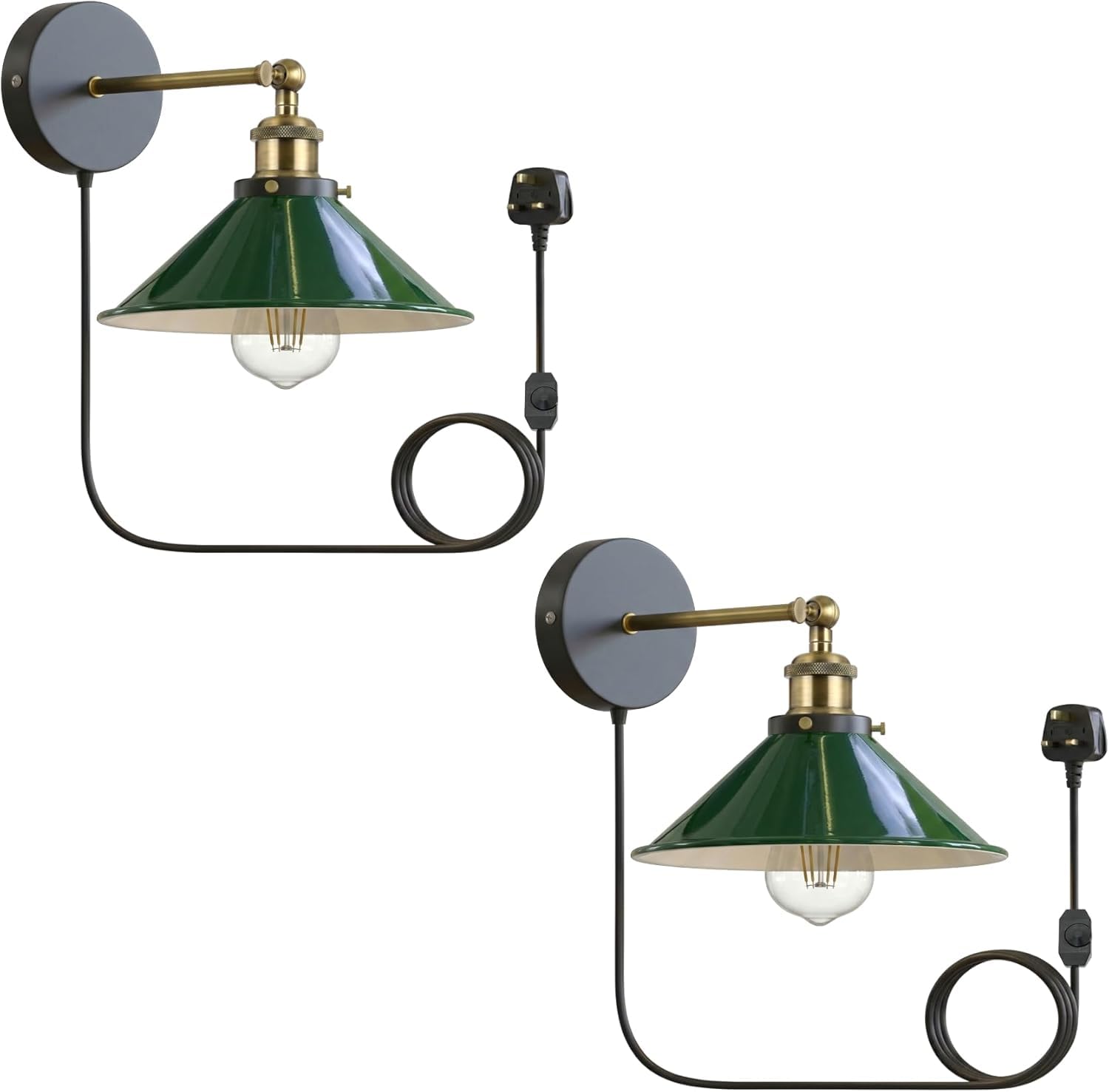 LEDSone Industrial Wall Sconce Adjustable Arm Light dimmer Switch Plug in 22cm Green Metal Cone Lamp Shade with E27 Base Wall Lights for Restaurant Office and Indoor Home Decor โ image 1