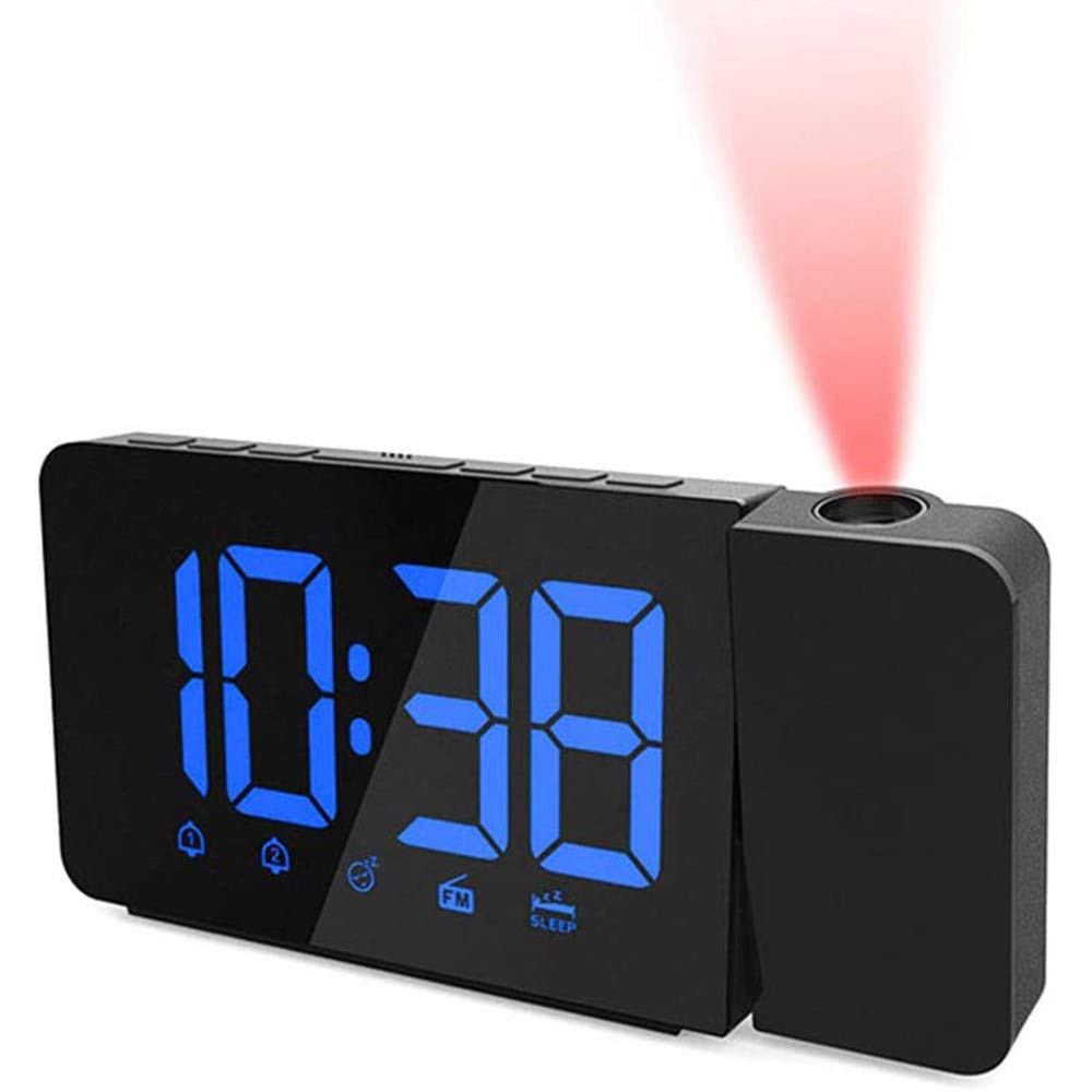 MyrRhe Réveil à Projection numérique Bleu avec Radio AM/FM, projecteur LED, Double Alarme, Chargeur USB