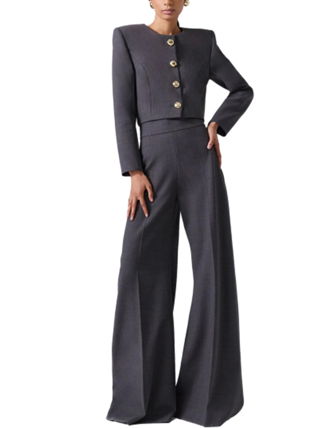 Womens Two Pieces Suit Set Business Casual Cropped Jacket and Wide Leg Work Pants Single Breasted Outfits