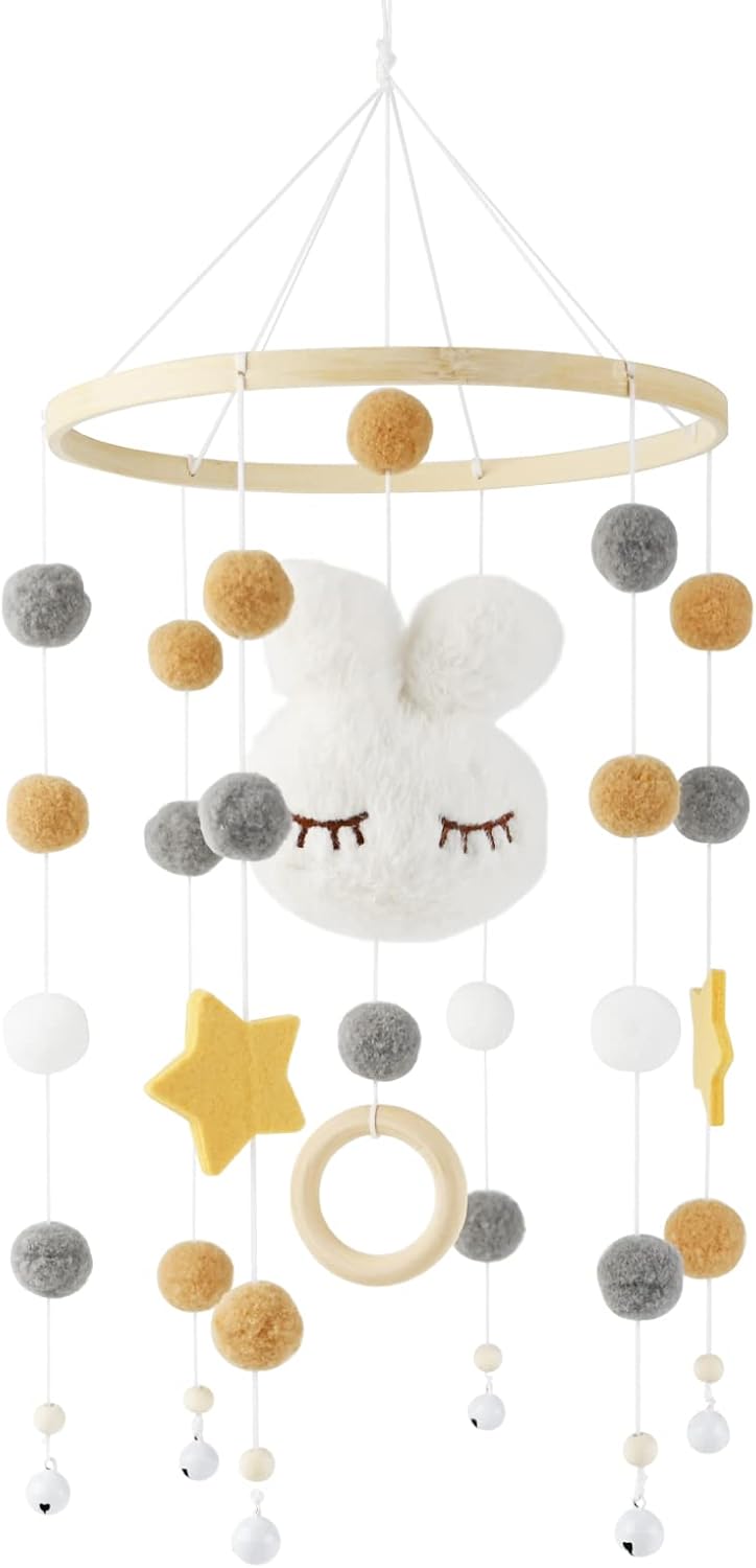 Cuna Móvil, Bebé Móvil Cuna Bunny Mobile, Carillón de Viento Bola de Fieltro Hecho de Bambú, Bebé Recién Nacido Cuarto Colgante Campana de Madera Ornamento de Decoración de Habitación Infantil Regalo