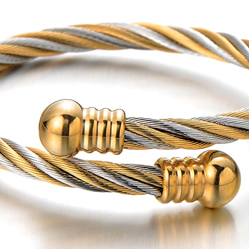 COOLSTEELANDBEYOND Elastic Adjustable Steel Twisted Cable Cuff Bangle Bracelet for Mens for Women2