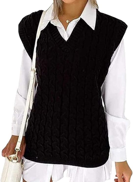 Débardeur AFR en tricot torsadé sans manches pour femme avec col en V - Pull épais à enfiler - Grande taille 36-50