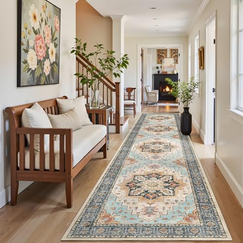 Madane Runner Rugs for Hallway 2x10 Long Washable Non-Slip Hallway Runner Rug Low-Pile Stair Kitchen Runner Soft Throw Carpet for Entrance Living Dining Laundry Room (Orange/Blue, 2 x 10)