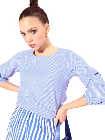 Image of Style Quotient Women Blue & White Striped Studded Top
