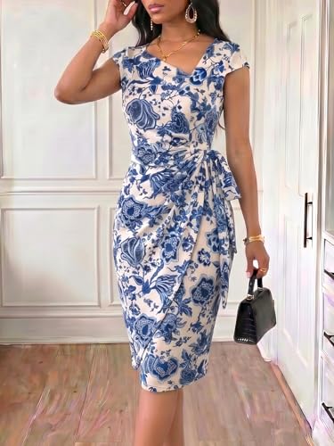 Image of Women's Vintage Cap Sleeves Asymmetrical Neckline Sheath Bodycon Casual Work Cocktail Party Pencil Faux Wrap Dresses