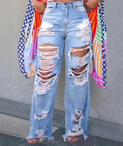 Women's Trend Distressed Ripped Jeans High Waisted Cutout Straight Baggy Wide Leg Denim Pants Plus Size Long Pants2