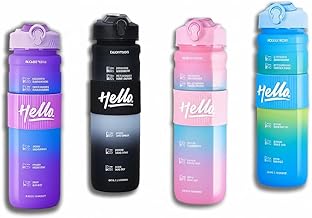 زجاجة مياه رياضية سعة 1 لتر مع غطاء مانع للتسرب ومقبض مطاطي - بلاستيك خالٍ من مادة BPA، تصميم "Hello" أنيق - للاستخدام في صالة الألعاب الرياضية والجري والسفر والمدرسة - وردي أو أسود
