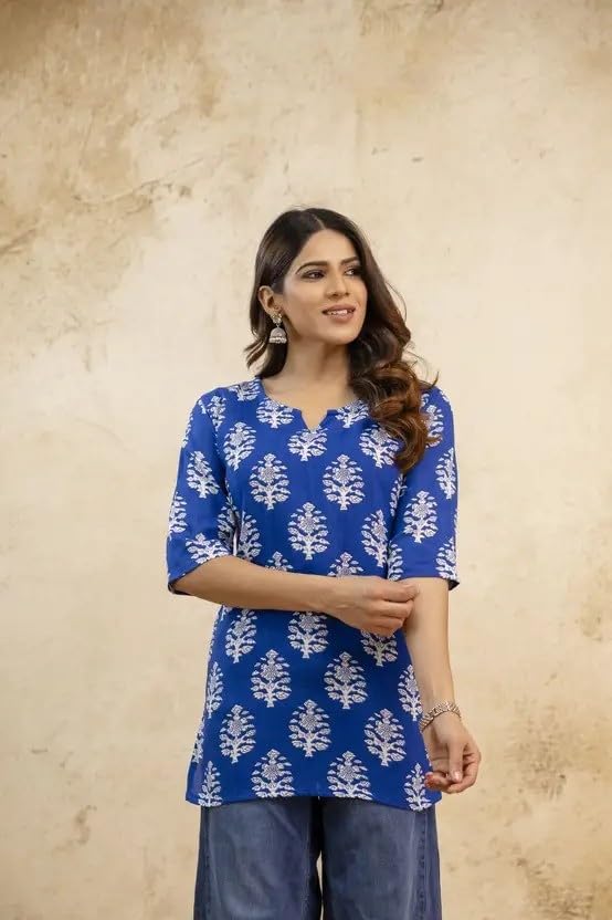Image of Women's Short Kurti in Multicolor Rayon Cotton Blend | Ladies Ethnic Tunic | Office