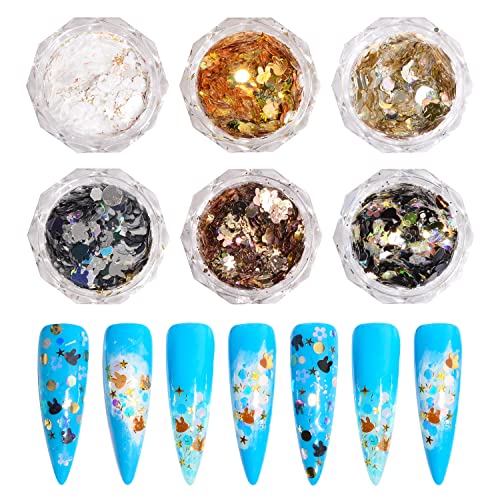 Katfan Nail Glitter Sequins,Metallic Nail Glitter Flakes Gold Sliver Black 3D Star Nail Sequin Flakes Rabbit Nail Charm Nail Accessories 6 Boxes for Nail Art Decoration