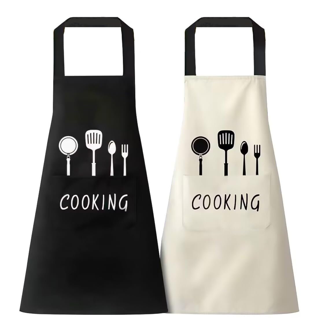 XCOZU 2 Piezas Delantal Cocina Negro Beige, Delantal Hombre Mujer con 2 Bolsillos, Delantal Chef Impermeable Delantales de Cocina para Barbacoa Jardineria Restaurante