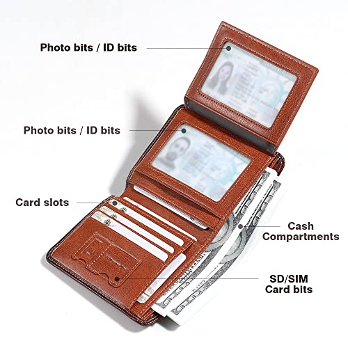 Mens Trifold Leather RFID Blocking Wallet with 2 ID Windows 2 Cash Compartments 6-8 card slots 2-3 inside slots Large Capacity Wallet4