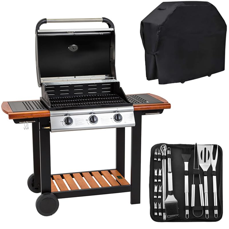Embermann Modena 3 Burner Gas Barbecue with Heavy-Duty Cover & Deluxe BBQ Tool Set