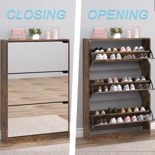 Image of BORNOON Shoe Cabinet with 3-Flip Mirror Drawers, Freestanding Shoe Rack Organizer with Hidden Handle, Slim Narrow Shoe Storage Cabinet for Entryway, Entrance, Hallway, Bedroom