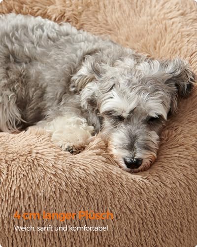 Feandrea Hundebett flauschig, Katzenbett, Donut Kissen, waschbar, Polsterung in der Mitte herausnehmbar, Langer Plüsch, 70 cm Durchmesser, Kamelbraun PGW039K01