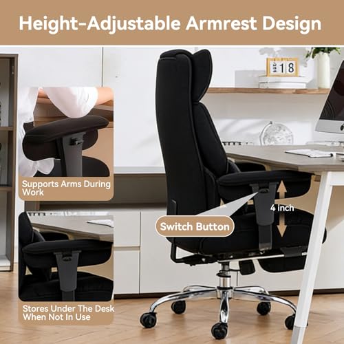 Image of Efomao Executive Office Chair, Mesh Black Fabric Big and Tall Desk Chair | Breathable fabric, pocket spring & foam seat, retractable footrest, 135 recline for computer gaming setup