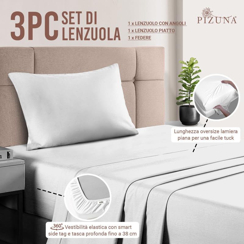 Pizuna Set Lenzuola letto singolo Cotone 90x200 cm Bianco, 400 fili con trama Sateen in 100% Cotone a fiocco lungo Biancheria De Letto con 1 lenzuolo con angoli, 1 lenzuolo sopra, 1 federa