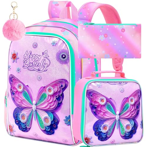 Image of CCJPX 3Pcs Butterfly Backpack, 16 inch Kids Girls Bookbag with Lunch Box, Water Resistant Elementary School Bag for Kindergarten Preschool Toddler (Pink)