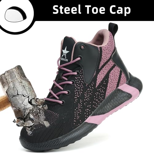 PAQOZKC Arbeitsschuhe Damen Hoch Leicht Sicherheitsstiefel Stahlkappe Atmungsaktiv Sicherheitsschuhe rutschfest Stahlkappenschuhe 8081/Lila 39